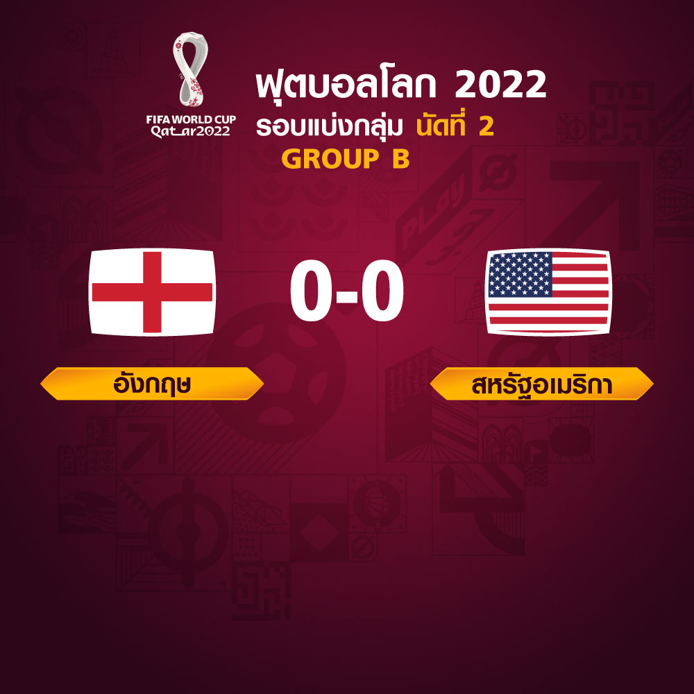 ฟุตบอลโลก 2022 รอบแบ่งกลุ่ม นัดที่ 2 ระหว่าง England vs United States